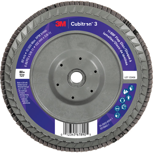Cubitron 3 Flat Flap Disc with Quick Change 1169F, 6" x 5/8"-11, Type T27, 80+ Grit, Ceramic Ontario Packaging