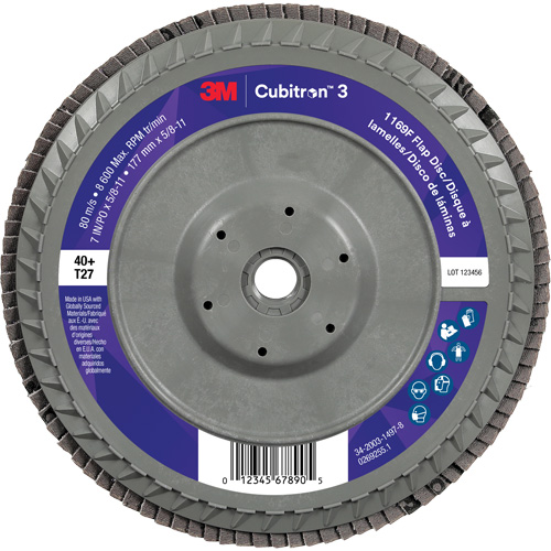 Cubitron 3 Flat Flap Disc with Quick Change 1169F, 7" x 5/8"-11, Type T27, 40+ Grit, Ceramic Ontario Packaging