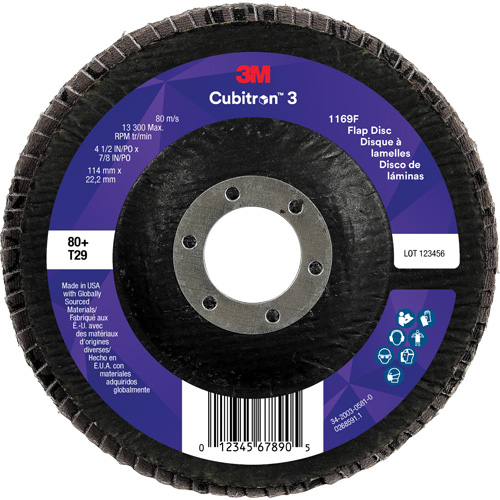 Cubitron 3 Conical  Flap Disc 1169F, 4-1/2" x 7/8", Type T29, 80+ Grit, Ceramic Ontario Packaging