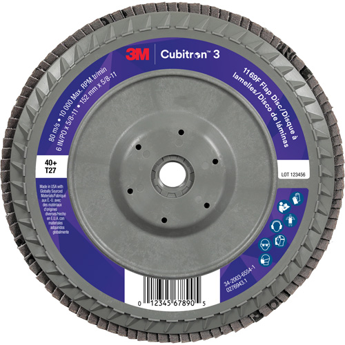 Cubitron 3 Flat Flap Disc with Quick Change 1169F, 6" x 5/8"-11, Type T27, 40+ Grit, Ceramic Ontario Packaging