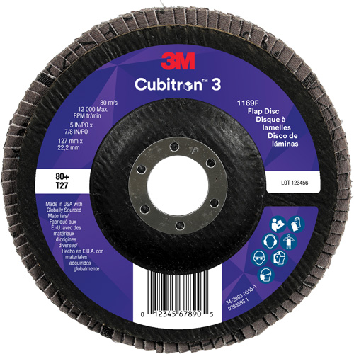 Disque &agrave; lamelles plate 1169F Cubitron 3, 5" x 7/8", Type T27, Grain 80+, C&eacute;ramique Ontario Packaging