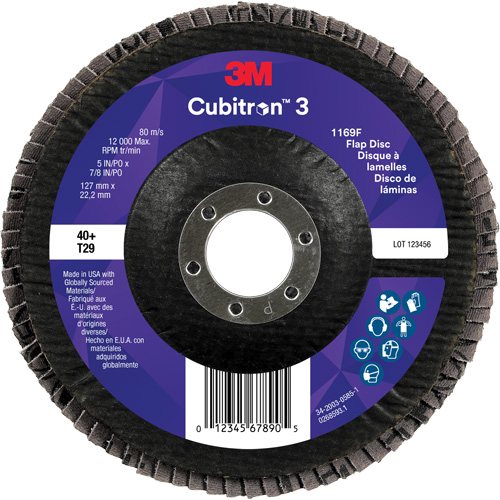 Cubitron 3 Conical  Flap Disc 1169F, 5" x 7/8", Type T29, 40+ Grit, Ceramic Ontario Packaging