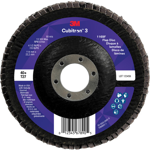 Cubitron 3 Flat Flap Disc 1169F, 4-1/2" x 7/8", Type T27, 40+ Grit, Ceramic Ontario Packaging