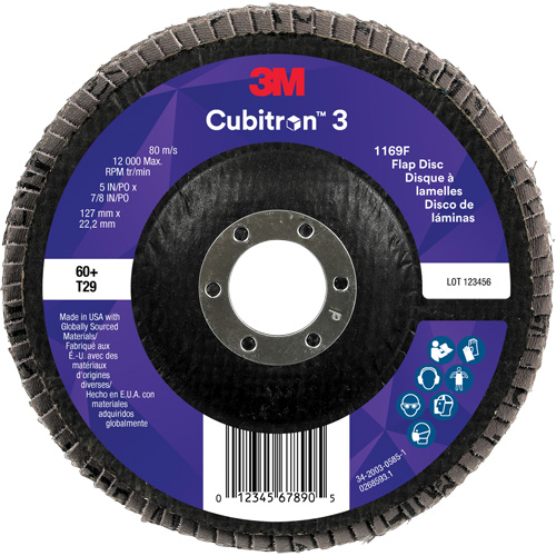 Cubitron 3 Conical  Flap Disc 1169F, 5" x 7/8", Type T29, 60+ Grit, Ceramic Ontario Packaging