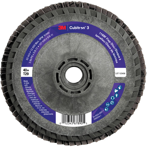 Cubitron 3 Conical  Flap Disc with Quick Change 1169F, 5" x 5/8"-11, Type T29, 40+ Grit, Ceramic Ontario Packaging