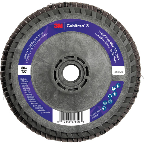 Cubitron 3 Flat Flap Disc with Quick Change 1169F, 4-1/2" x 5/8"-11, Type T27, 80+ Grit, Ceramic Ontario Packaging