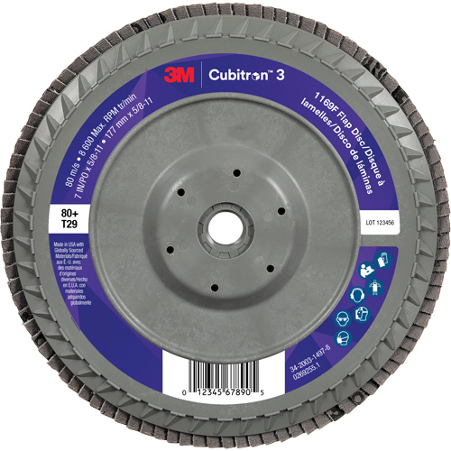 Cubitron 3 Conical  Flap Disc with Quick Change 1169F, 7" x 5/8"-11, Type T29, 80+ Grit, Ceramic Ontario Packaging
