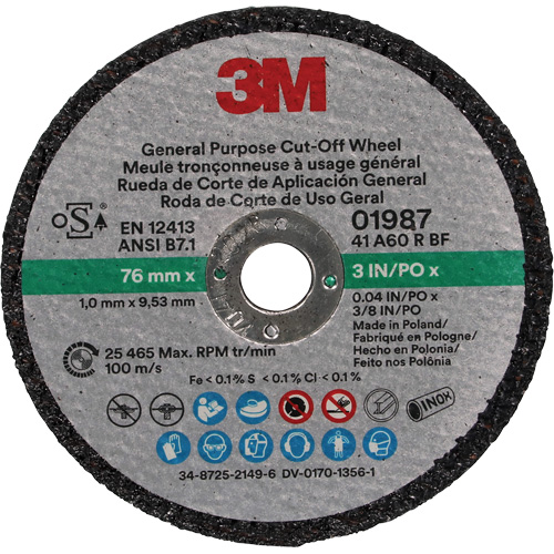 Disque &agrave; tronçonner &agrave; usage g&eacute;n&eacute;ral, 01987, 3" x 0,04"/1/32", Arbre de 3/8", Oxyde d'aluminium Ontario Packaging