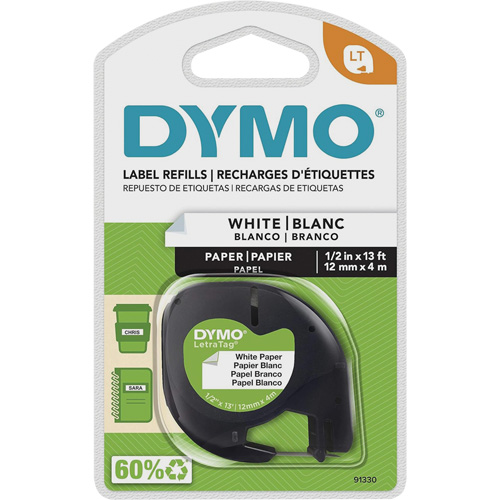 Labels for LetraTag Plus LT100-H, 12 mm x 13', Black on White Ontario Packaging