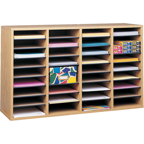 Adjustable Compartment Literature Organizer, Stationary, 36 Slots, Wood, 39-1/4" W x 11-3/4" D x 24" H Ontario Packaging