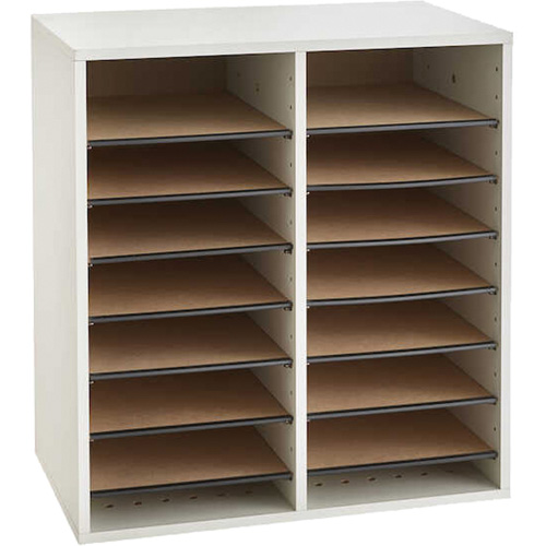 Adjustable Compartment Literature Organizer, Stationary, 16 Slots, Wood, 19-1/2" W x 11-3/4" D x 21" H Ontario Packaging