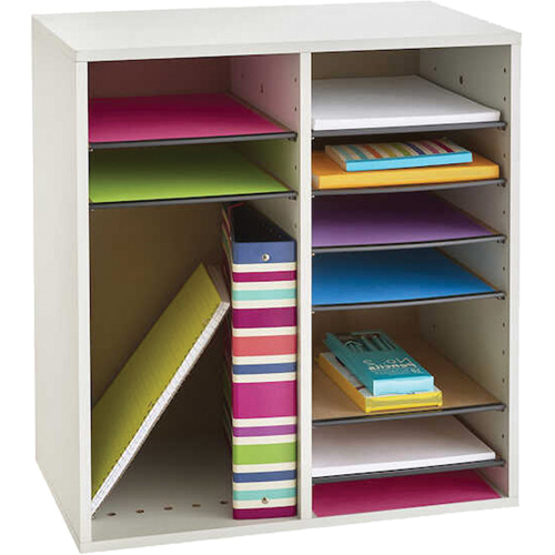 Adjustable Compartment Literature Organizer, Stationary, 16 Slots, Wood, 19-1/2" W x 11-3/4" D x 21" H Ontario Packaging