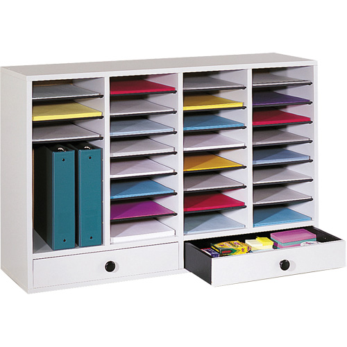 Adjustable Compartment Literature Organizer, Stationary, 34 Slots, Wood, 39-1/4" W x 11-3/4" D x 25-1/4" H Ontario Packaging