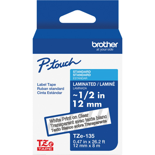 Ruban lamin&eacute; pour P-Touch, 12 mm x 8 m, Blanc sur transparent Ontario Packaging
