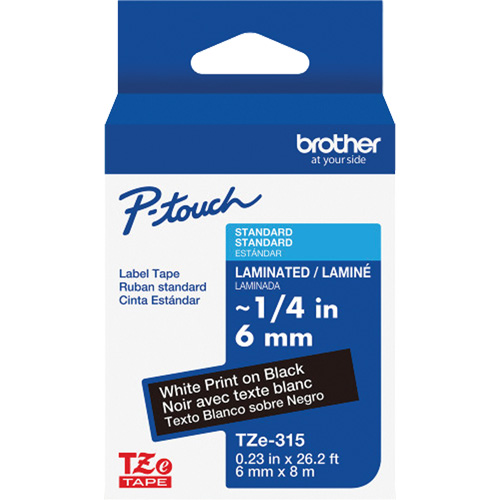 Ruban lamin&eacute; TZe-315 pour &eacute;tiqueteuses P-Touch compatibles avec les rubans TZe, Blanc sur noir, Largeur de 0,23" Ontario Packaging