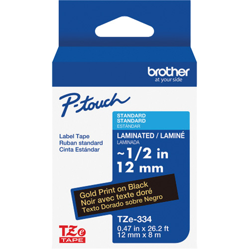 Ruban lamin&eacute; TZe-334 pour &eacute;tiqueteuses P-Touch compatibles avec les rubans TZe, Noir sur or, Largeur de 0,47" Ontario Packaging