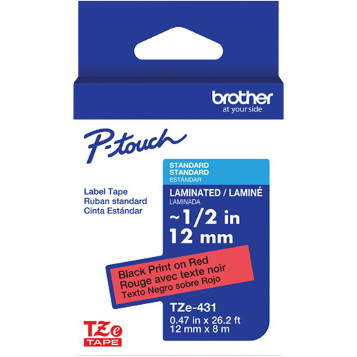 Ruban lamin&eacute; TZe-431 pour &eacute;tiqueteuses P-Touch compatibles avec les rubans TZe, 12 mm x 8 m, Noir/rouge Ontario Packaging