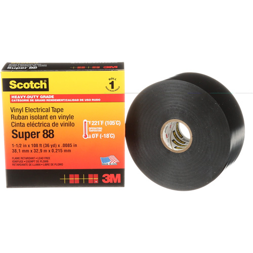 Scotch&reg; Vinyl Electrical Tape Super 88, 38 mm (1-1/2") x 33 m (108'), Black, 8.5 mils Ontario Packaging