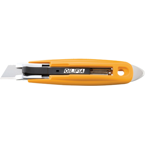 Self-Retracting Safety Knife with Tape Slitter, 17.5 mm, Carbon Steel, Plastic Handle Ontario Packaging