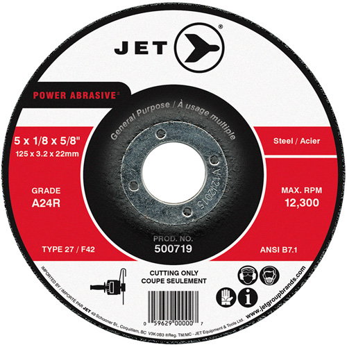 Power Abrasive Cut-Off Wheel, 5" x 1/8", 7/8" Arbor, Type 27, 12300 RPM Ontario Packaging