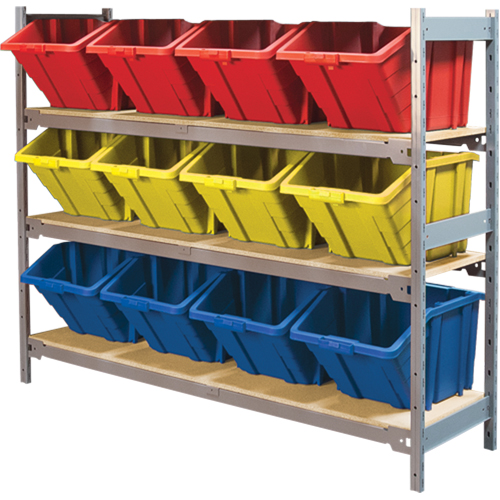 Wide Span Shelving with Jumbo Plastic Bins, Steel, Boltless, 800 lbs. Capacity, 66" W x 60" H x 18" D Ontario Packaging