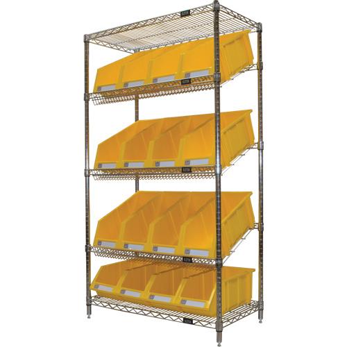 &eacute;tag&egrave;re en treillis m&eacute;tallique &agrave; tablettes inclin&eacute;es avec bacs, Tiers 5, 36" la x 63" h x 18" p Ontario Packaging