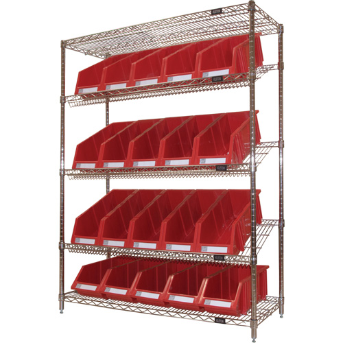 Slanted Wire Shelf with Bins, 5 Tiers, 48" W x 63" H x 18" D Ontario Packaging