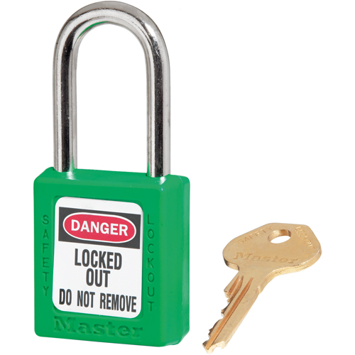 410 Zenex Safety Padlock, Green, Keyed Different, Thermoplastic, 1-1/2" Width Ontario Packaging