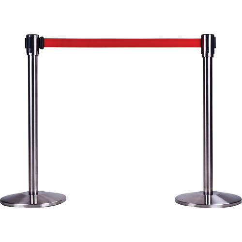Free-Standing Crowd Control Barrier, Steel, 35" H, Black Tape, 7' Tape Length Ontario Packaging