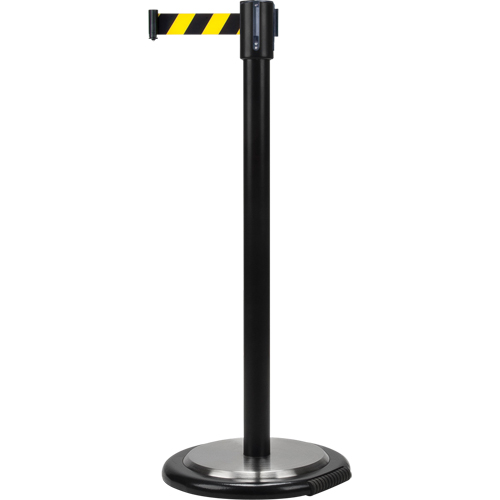 Free-Standing Crowd Control Barrier, Steel, 35" H, Black/Yellow Tape, 7' Tape Length Ontario Packaging