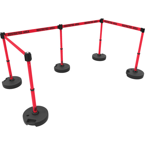 PLUS Barrier Post Set X5, Plastic, 42" H, Red Tape, 15' Tape Length Ontario Packaging