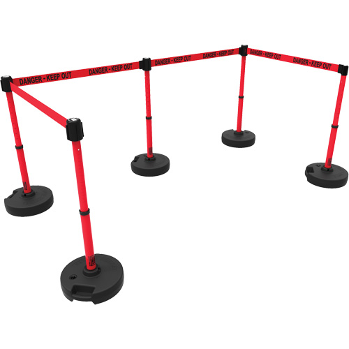 PLUS Barrier Post Set X5, Plastic, 42" H, Red Tape, 15' Tape Length Ontario Packaging