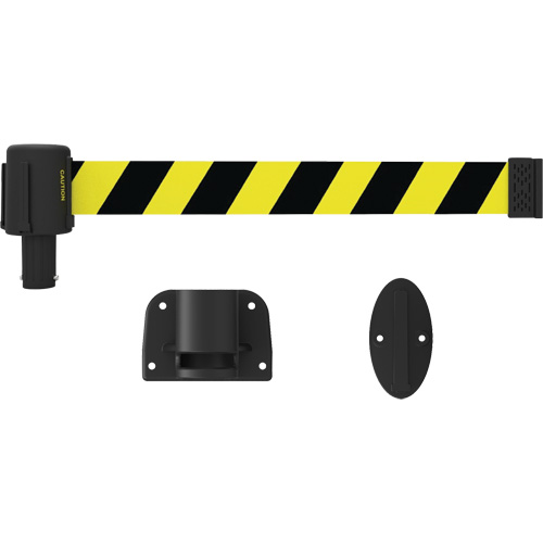 PLUS Wall Mount Barrier System, Plastic, Screw Mount, 15', Black and Yellow Tape Ontario Packaging