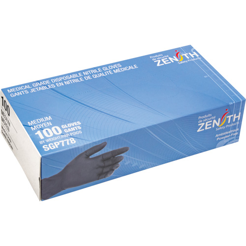 Gants jetables de calibre m&eacute;dical r&eacute;sistants &agrave; la perforation, Moyen, Nitrile, 5 mils, Sans poudre, Noir, Classe 2 Ontario Packaging