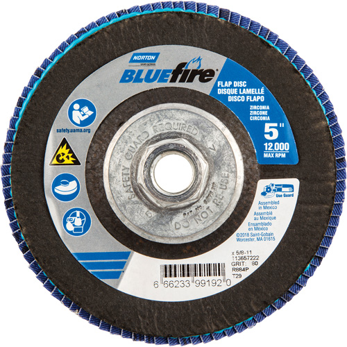 BlueFire&reg; Flap Disc, 5" x 5/8"-11, Type 29, 80 Grit, Zirconia Alumina Ontario Packaging