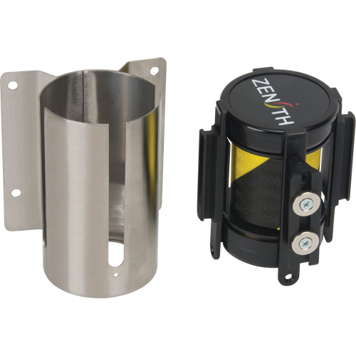 Barri&egrave;re &agrave; fixation murale avec ruban magn&eacute;tique, Acier, Fixation par vis, 7', Ruban Noir et jaune Ontario Packaging