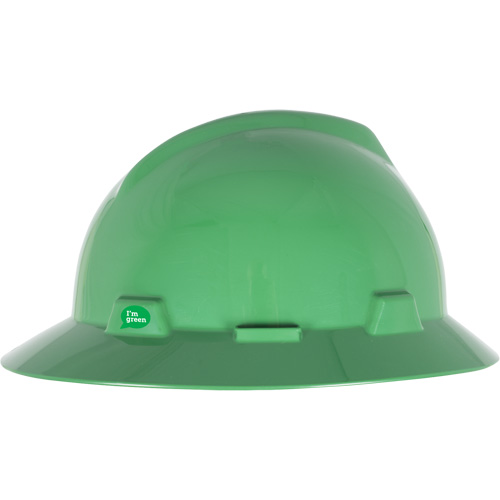 Casque de s&eacute;curit&eacute; &agrave; bord complet V-Gard GREEN avec fentes, R&eacute;pond aux normes CSA type 1, Suspension Rochet Ontario Packaging