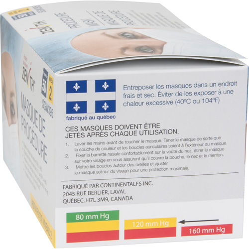 Masques d'intervention jetables, ASTM F2100 Niveau 2, Classe 1 Ontario Packaging