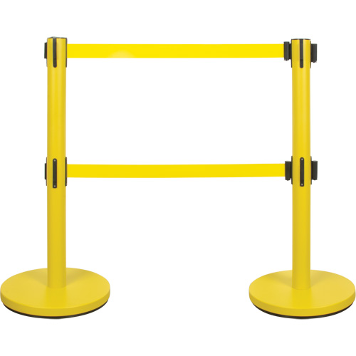 Dual Belt Crowd Control Barrier, Steel, 35" H, Yellow Tape, 7' Tape Length Ontario Packaging