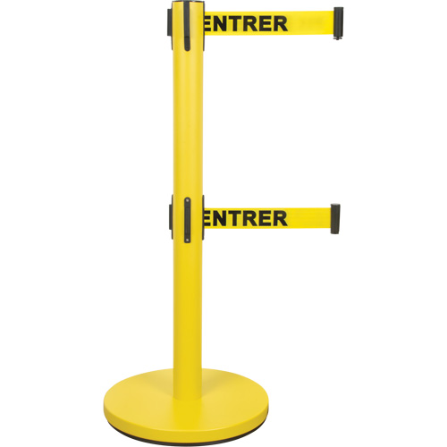 Dual Belt Crowd Control Barrier, Steel, 35" H, Yellow Tape, 7' Tape Length Ontario Packaging