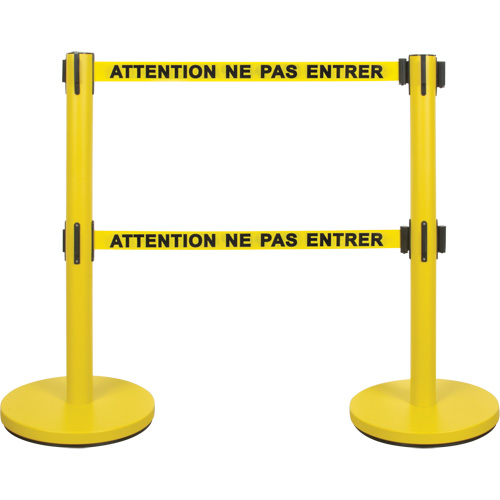 Dual Belt Crowd Control Barrier, Steel, 35" H, Yellow Tape, 7' Tape Length Ontario Packaging