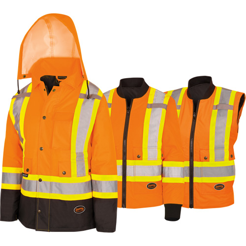 5020BBW Women's  7-in-1 Waterproof Jacket with Hood, Polyester/Polyurethane, High Visibility Orange, X-Small Ontario Packaging