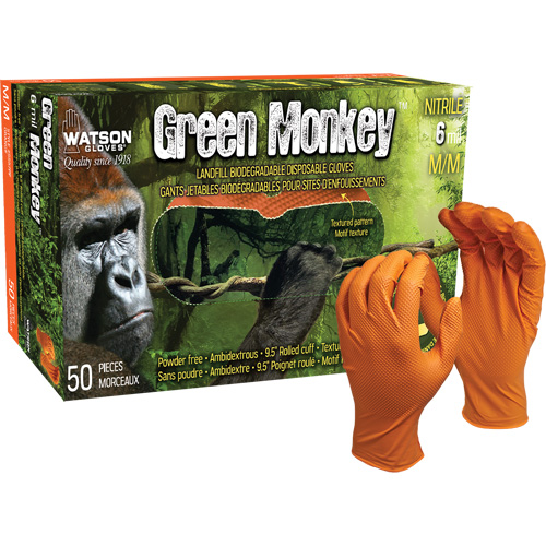 Green Monkey Disposable Gloves, Small, Nitrile, 6-mil, Powder-Free, Orange Ontario Packaging