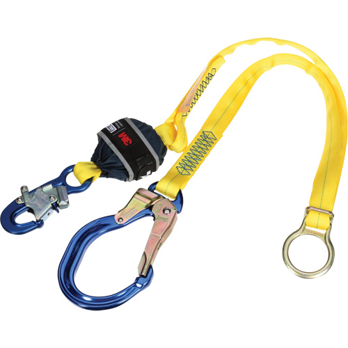 Tie-Back Web Shock-Absorbing Lanyard, 6', Rebar Hook Center, Snap Hook Leg Ends, Polyester Ontario Packaging