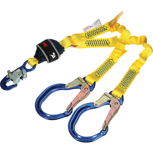 Twin-Leg Stretch Web Shock-Absorbing Lanyard, 4', Rebar Hook Center, Snap Hook Leg Ends Ontario Packaging