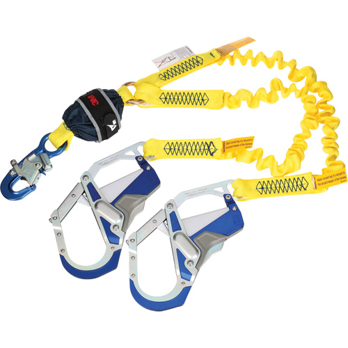 Twin-Leg Stretch Web Shock-Absorbing Lanyard, 6', Rebar Hook Center, Snap Hook Leg Ends Ontario Packaging