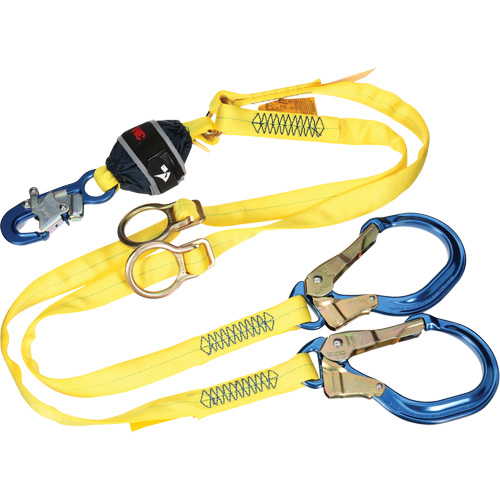 Twin-Leg Tie-Back Web Shock-Absorbing Lanyard, 6', Rebar Hook Center, Snap Hook Leg Ends, Polyester Ontario Packaging