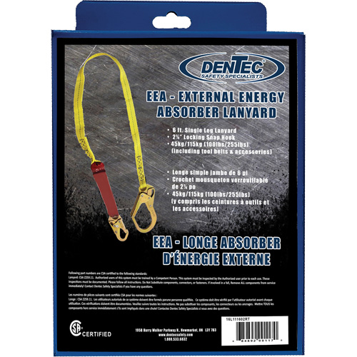 External Energy Absorber Lanyard with 2-1/4" Hook in Retail Box, 6', Snap Hook Center, Snap Hook Leg Ends, Polyester Ontario Packaging