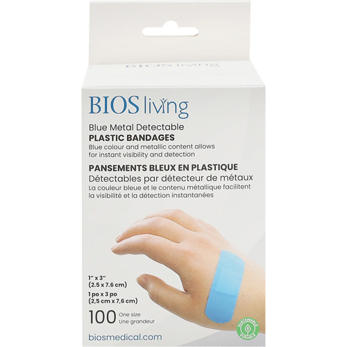 Blue Water-Resistant Bandages, Rectangular/Square, 3", Plastic Metal Detectable, Sterile Ontario Packaging