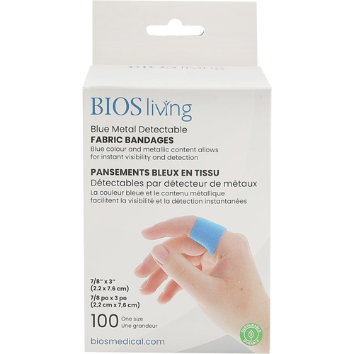 Blue Bandages, Rectangular/Square, 3", Fabric Metal Detectable, Sterile Ontario Packaging